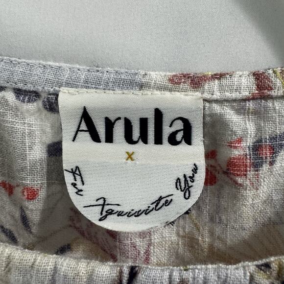 Arula Womens Top size X Floral Gray Boho Tiered Short Sleeve Blouse Hippie Art - Picture 2 of 9